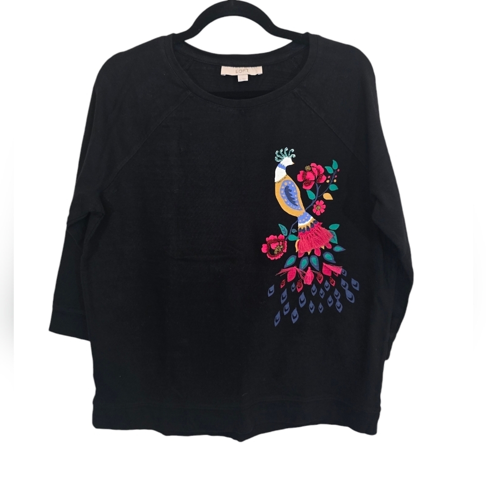 LOFT Large Cotton Blend(?) Peacock Embellished Top